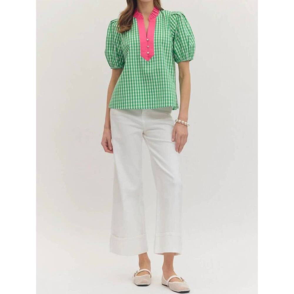 NEW ENTRO glinda gingham blouse in bright green - Picture 7 of 7